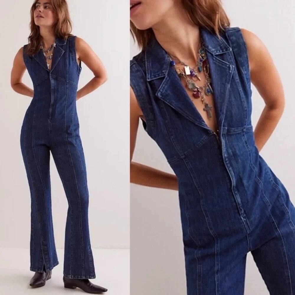 NWOT Free People Crvy Ring The Alarm Flare Leg One Piece Jumpsuit Siren Medium